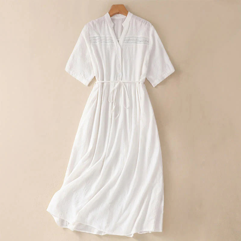 Buddha Stones Summer Plain Hollow Jacquard Design Cotton Short Sleeve Midi Dress With Pockets