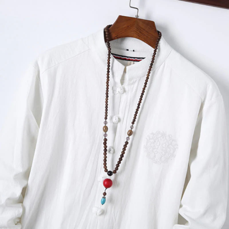 Buddha Stones 2Pcs Solid Color Men's Frog-Button Long Sleeve Cotton Shirt Pants Set With Pockets