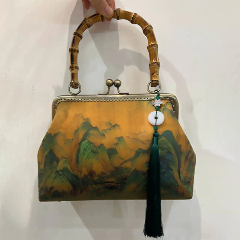 Buddha Stones Green Plants Mountains Bamboo Handle Metal Chain Crossbody Bag Handbags