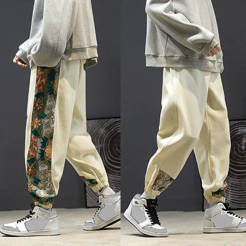 Buddha Stones Spring Men's Embroidered Flower Pattern Patchwork Cotton Pants With Pockets