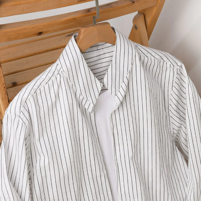 Buddha Stones Fall 2 In 1 Stripes Stand Collar Long Sleeve Men's Cotton Shirt