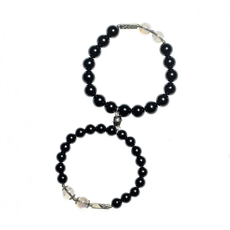 Buddha Stones 925 Sterling Silver Obsidian Moonstone Strength Couple Bracelet
