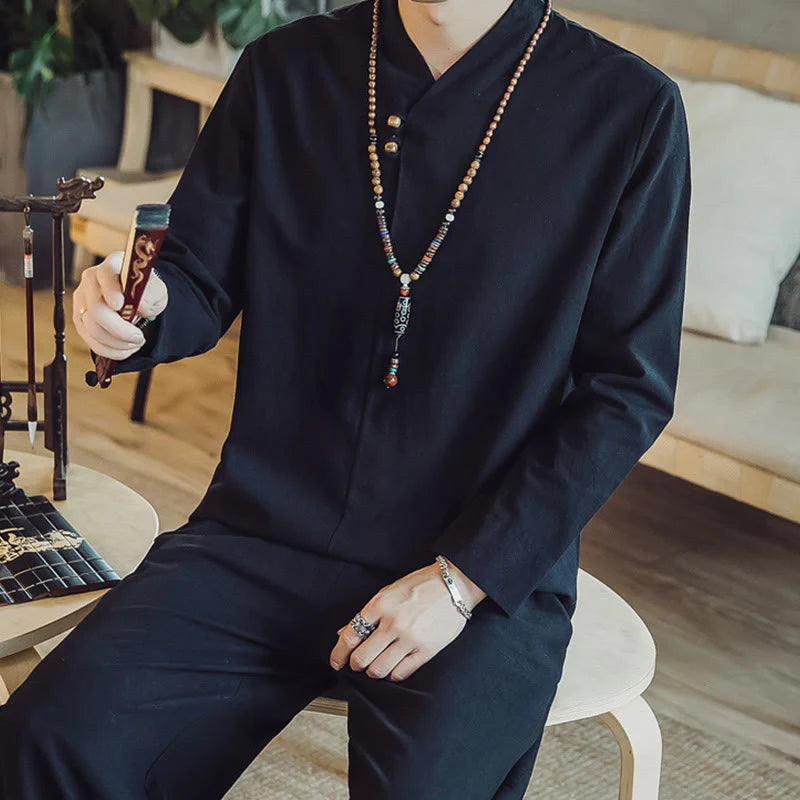 Buddha Stones 2Pcs Shirt Ankle-Length Pants With Pockets Men's Meditation Cloth Set