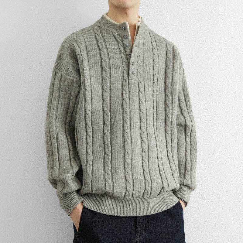 Buddha Stones Winter V-Neck Buttons Twisted Design Warm Men's Long Sleeve Knitted Sweater