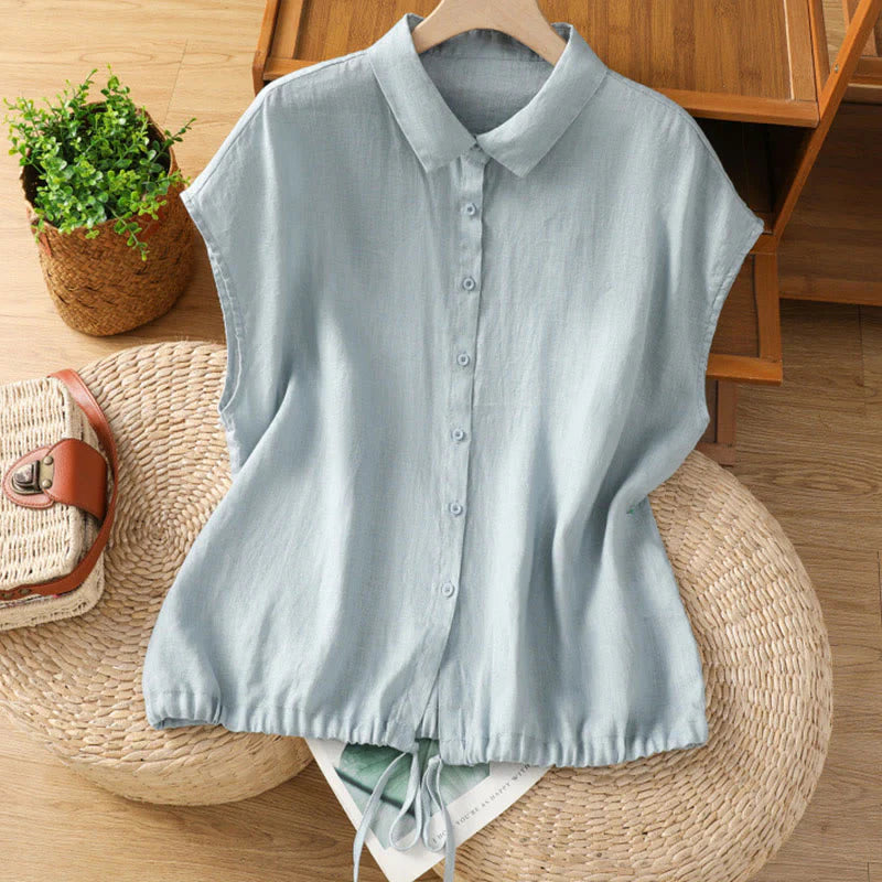 Buddha Stones Summer Plain Color Button Short Sleeve Women's Cotton Shirt