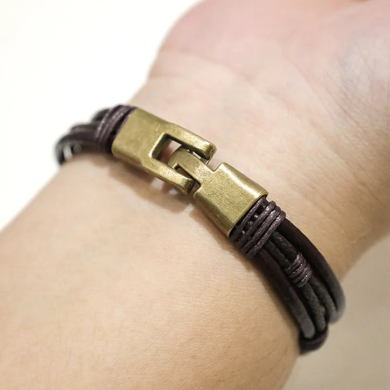Buddha Stones Vintage Leather Wrist Band Brown Rope Layered Bracelet Bangle