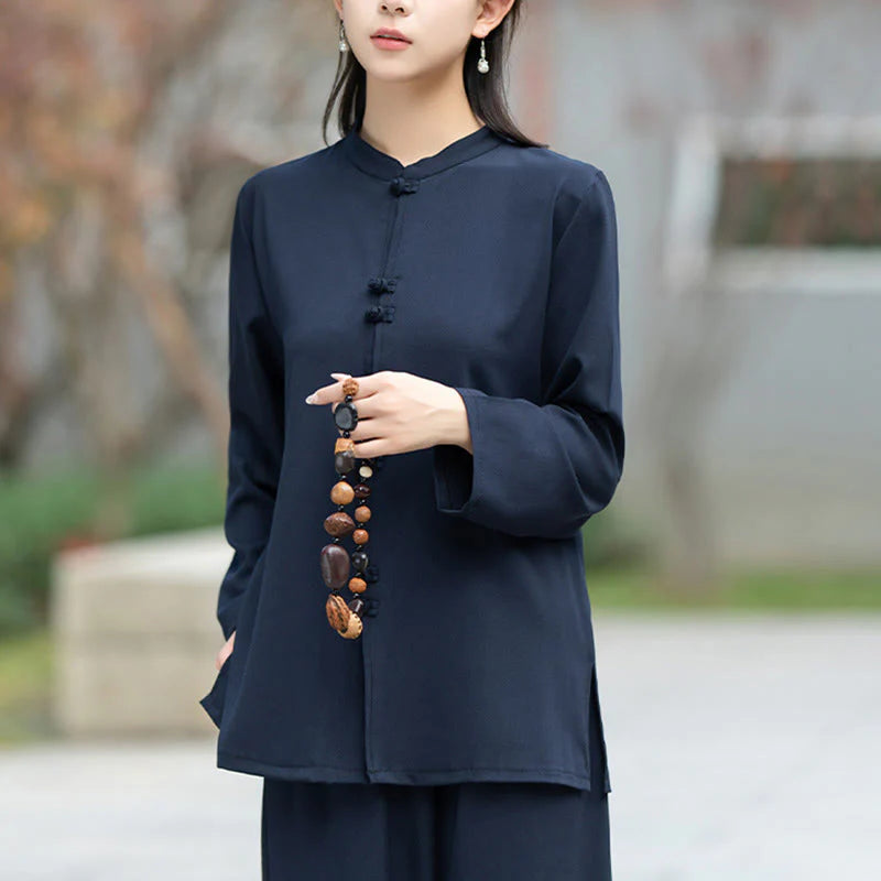 Buddha Stones 2Pcs Chinese Frog-Button Long Sleeve Shirt Top Pants Meditation Zen Tai Chi Cotton Clothing Women's Set