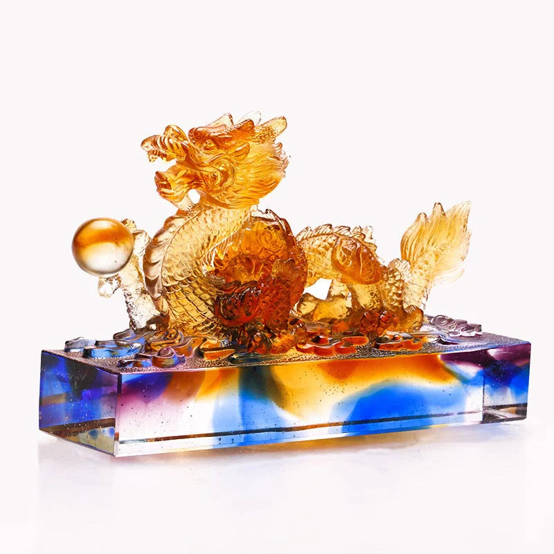 Buddha Stones Handmade Multicolored Dragon Liuli Crystal Art Piece Protection Home Office Decoration