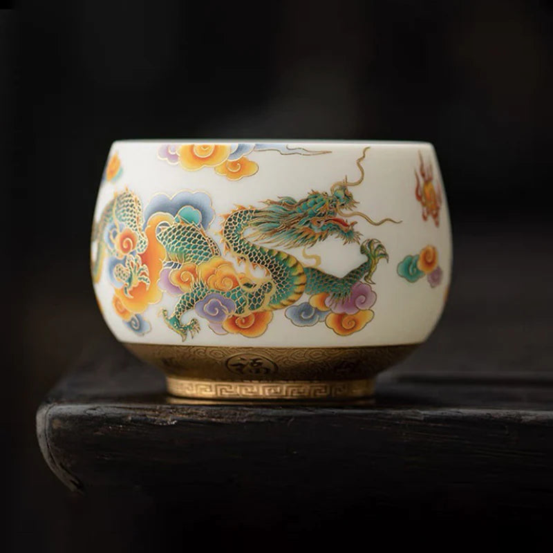Buddha Stones Dragon Phoenix Auspicious Clouds Ceramic Teacup Kung Fu Tea Cup