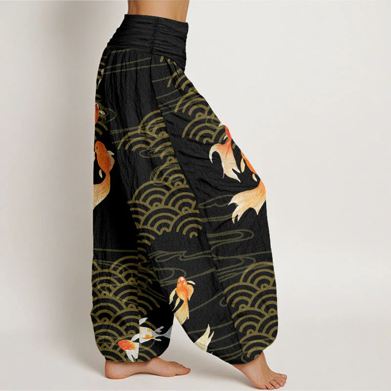 Buddha Stones Pure Cotton Red Koi Fish Fan-shaped Waves Women's Elastic Waist Harem Pants