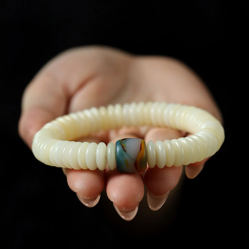 Buddha Stones Natural White Bodhi Seed Stone Wisdom Tassel Wrist Mala Bracelet