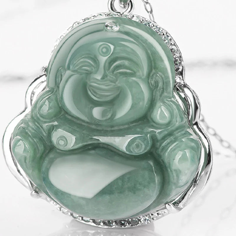 Buddha Stones Laughing Buddha Jade Abundance Necklace Titanium Steel Chain Pendant