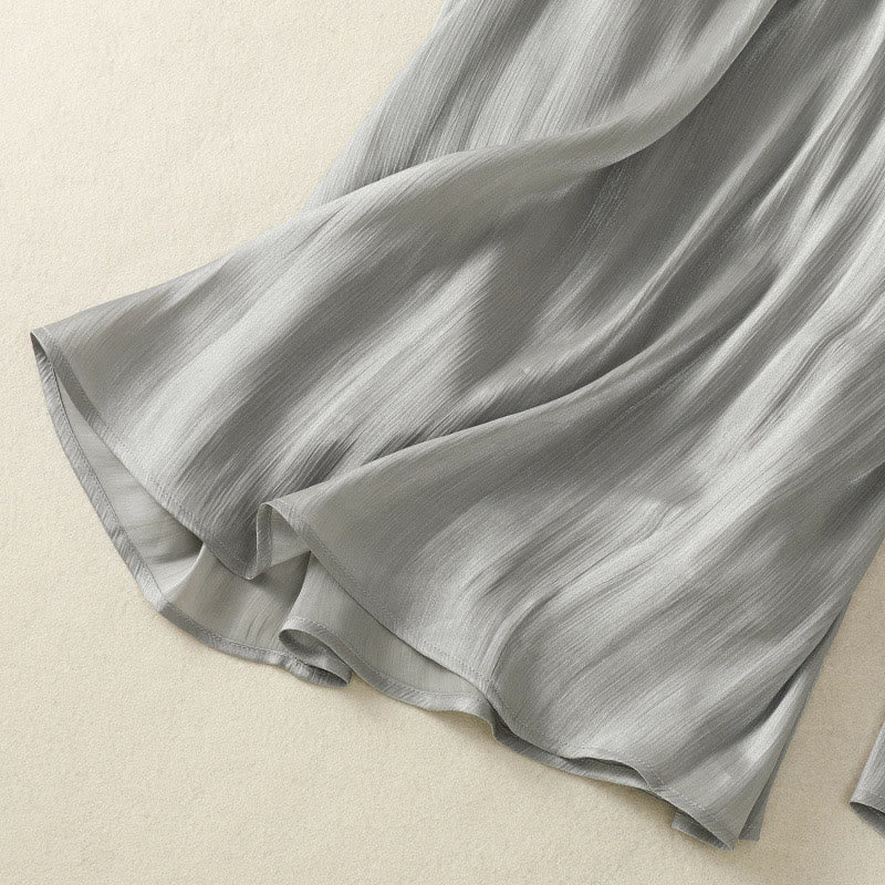 Buddha Stones Light Gray Pleated Design Elastic Waist Women's Wide Leg Pants With Pockets