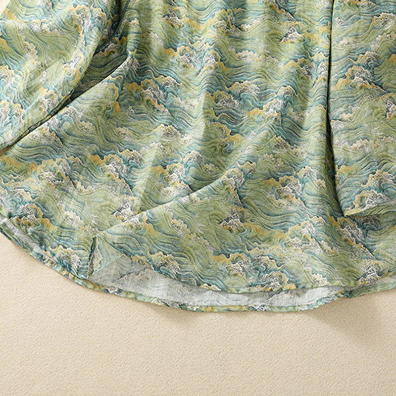 Buddha Stones Summer Casual Printing Frog-Button Design Women's Cotton Linen Long Sleeve Shirt