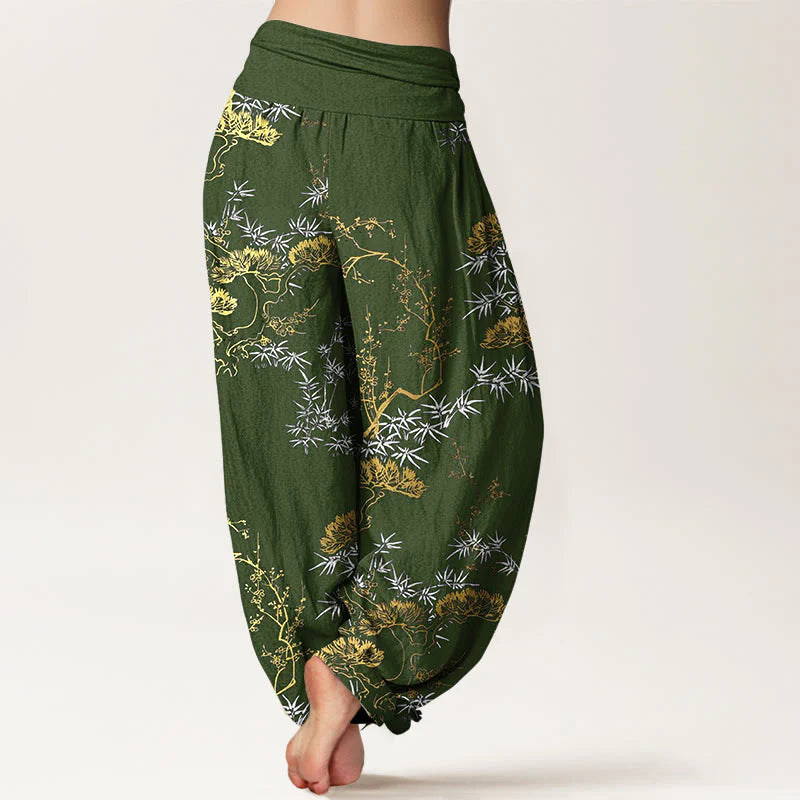 Buddha Stones Pure Cotton Pine Bamboo Plum Pattern Women's Elastic Waist Harem Pants