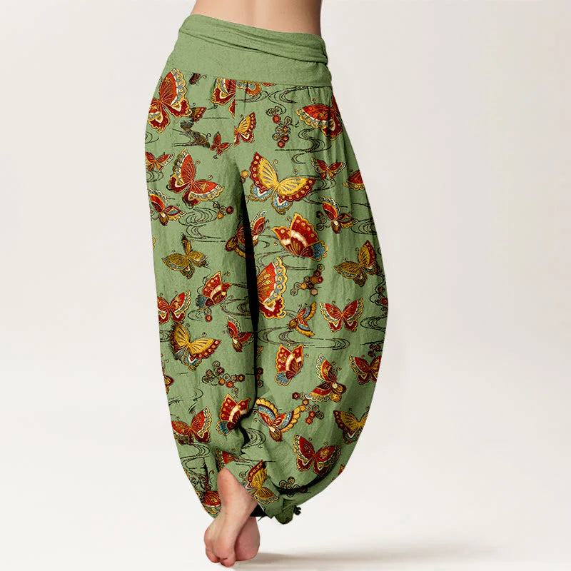 Buddha Stones Cotton Colorful Butterfly Pattern Women's Elastic Waist Harem Pants