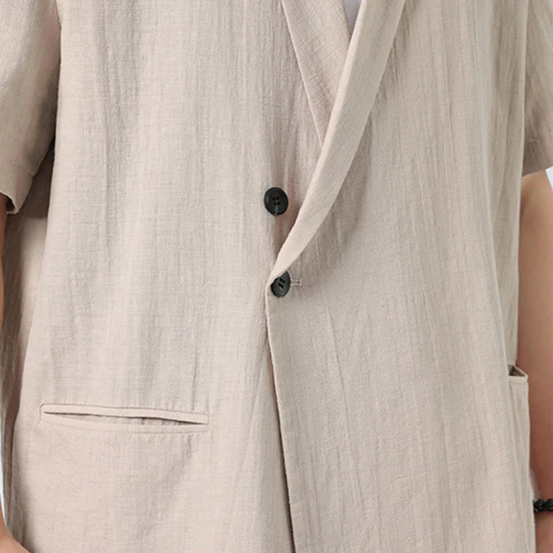 Buddha Stones Spring Plain Asymmetrical Lapel Collar Short Sleeve Men's Cotton Linen Shirt With Pockets