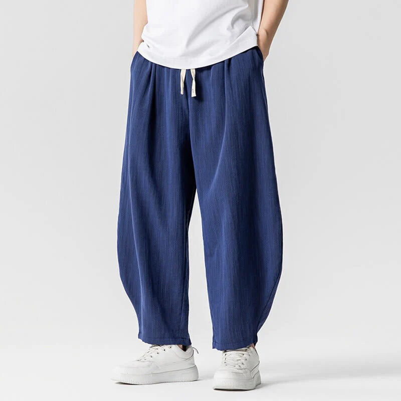 Buddha Stones Summer Pure Color Drawstring Men's Cotton Ankle-Length Pants With Pockets