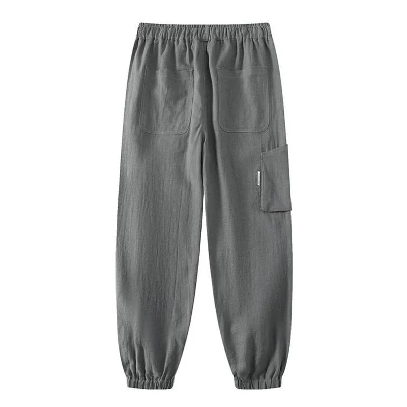 Buddha Stones Summer Ramie Linen Cotton Ankle-Length Elastic Cuffs Tapered Men's Pants With Pockets