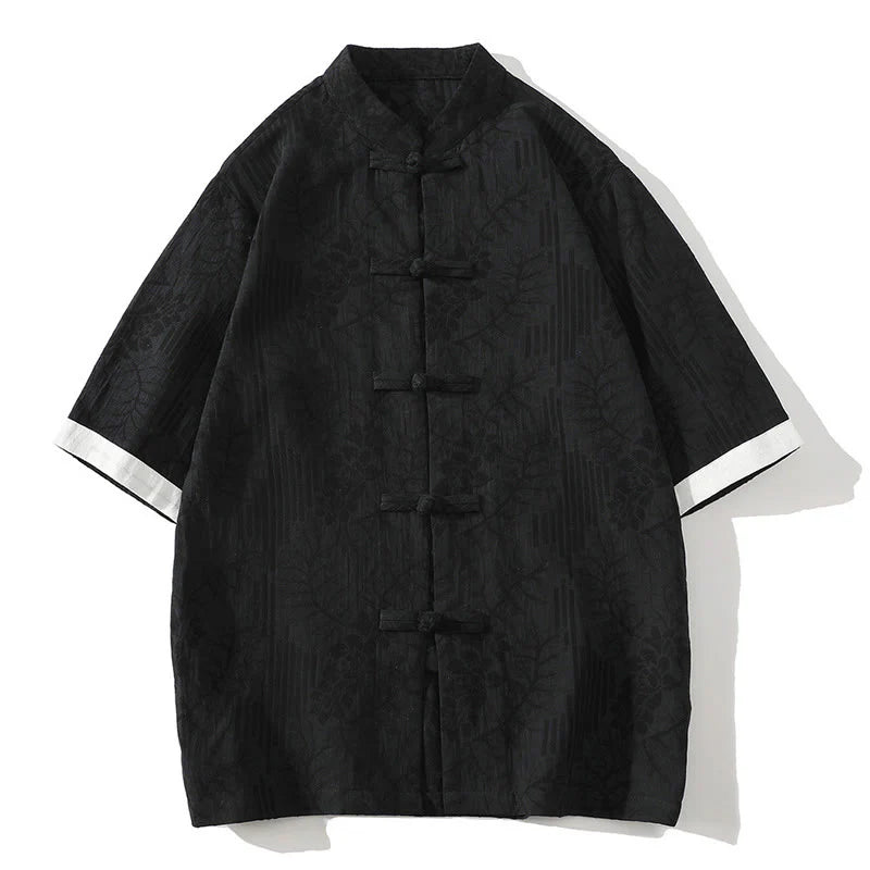 Buddha Stones Casual Summer Jacquard Floral Pattern Frog-Button Men's Stand Collar Contrasting Color Half Sleeve Cotton Cardigan Shirt
