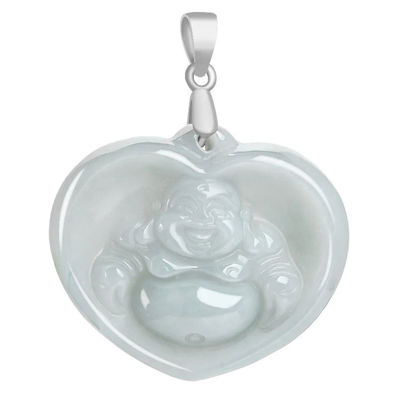 Buddha Stones Laughing Buddha White Jade Luck Blessing Titanium Steel Chain Necklace Pendant