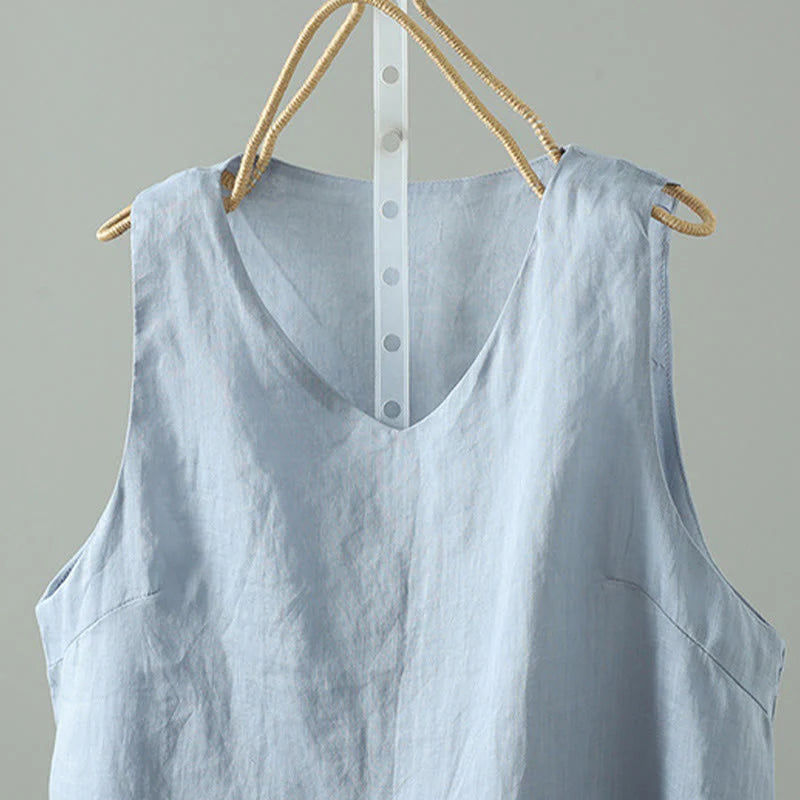 Buddha Stones Vintage Pure Color V-Neck Cotton Sleeveless Women's Vest Waistcoat