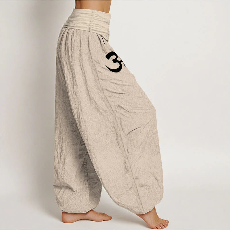 Buddha Stones Cotton Calm OM Energy Lines Pattern Women's Elastic Waist Harem Pants