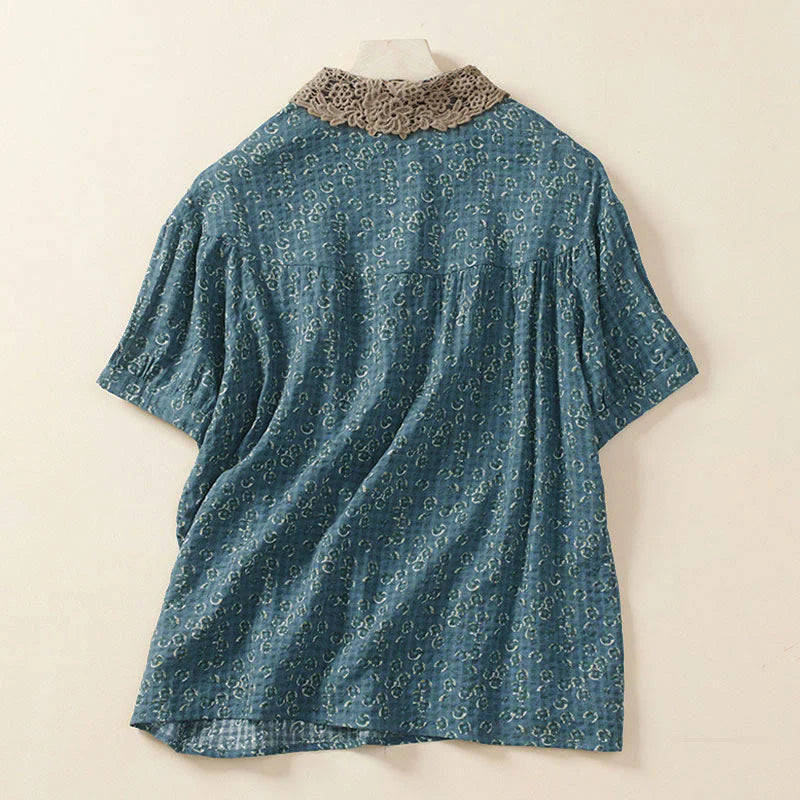 Buddha Stones Front Button Design Floral Print Pattern Women's Cotton Half Sleeve Shirt