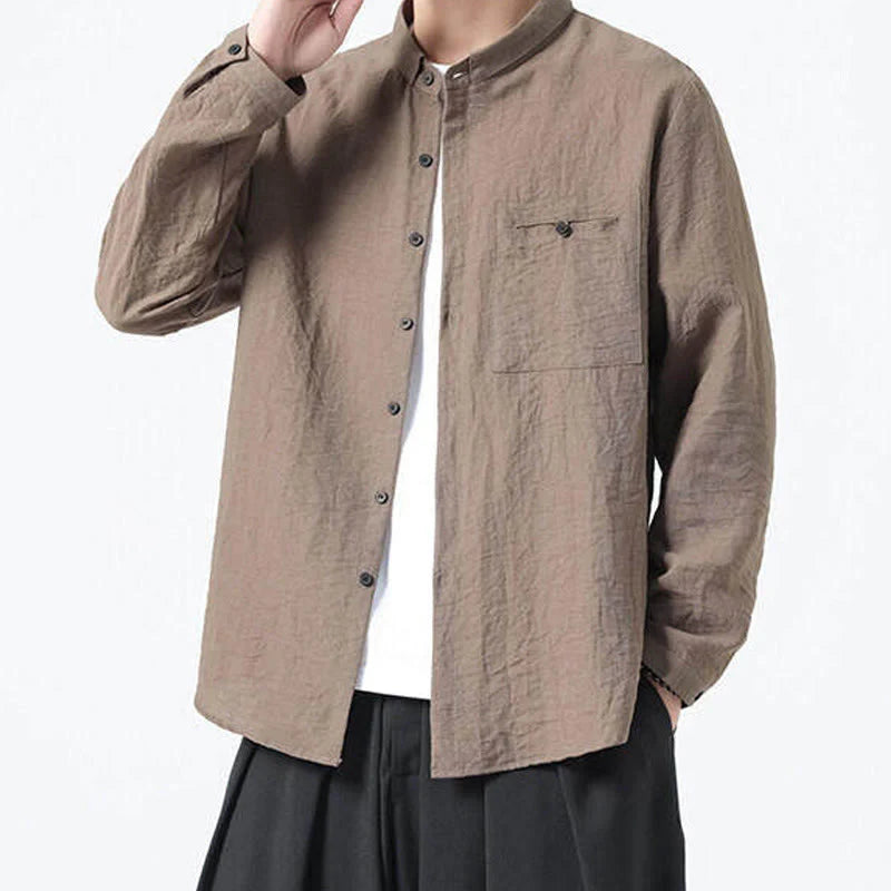 Buddha Stones Vintage Plain Buttons Down Stand Collar Long Sleeve Men's Cotton Shirt