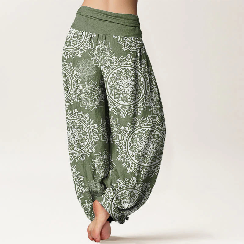 Buddha Stones Cotton Casual White Mandala Flower Design Women's Elastic Waist Harem Pants