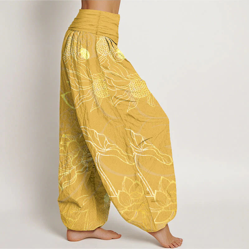 Buddha Stones Cotton Lotus Leaf Koi Fish Women's Elastic Waist Harem Pants