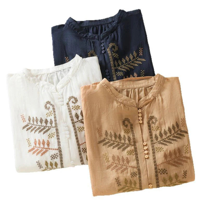 Buddha Stones Casual Artistic Embroidery Leaves Pattern Women's Cotton Linen Three Quarter Sleeve Shirt Cardigan
