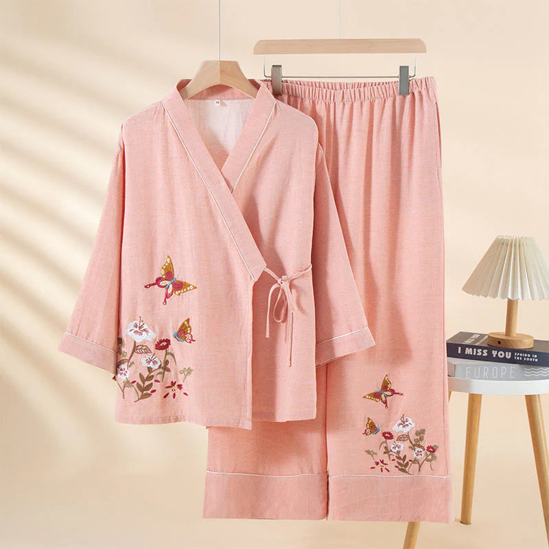 Buddha Stones 2pcs Colorful Floral Butterfly Long Sleeve V-Neck Shirt Pants Cotton Pajamas Set With Pockets