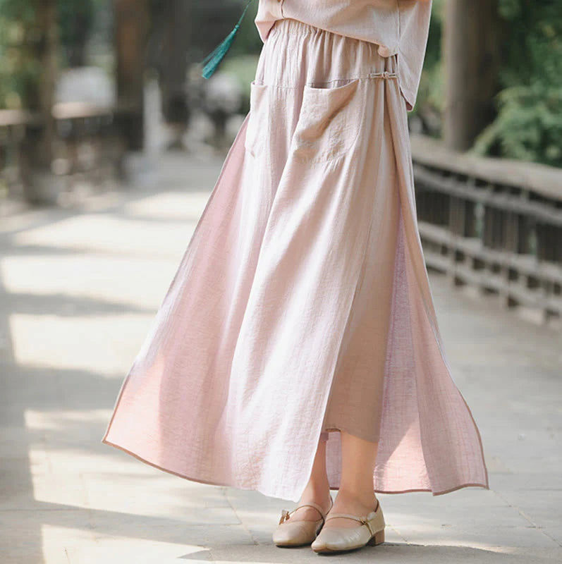 Buddha Stones Solid Color Hem Slit Design Women's Skirt Pants With Pockets