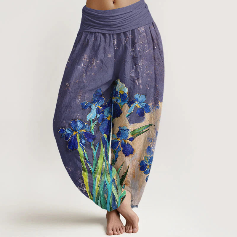 Buddha Stones Irises Pattern Pure Cotton Women's Elastic Waist Harem Pants