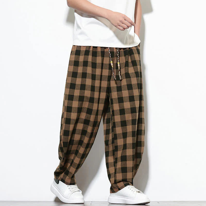 Buddha Stones Summer Plaid Pattern High Waist Drawstring Men's Harem Pants With Pockets