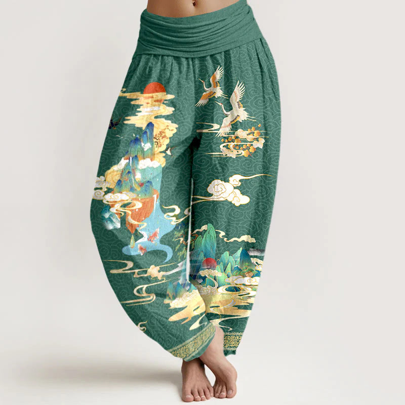 Buddha Stones Pure Cotton Landscape Cranes Clouds Pattern Women's Elastic Waist Harem Pants