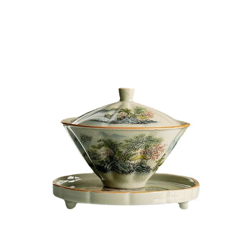Buddha Stones Pine Mountain Forest Landscape Ceramic Gaiwan Sancai Teacup Kung Fu Tea Cup And Saucer With Lid (Extra 35% Off | USE CODE: FS35)
