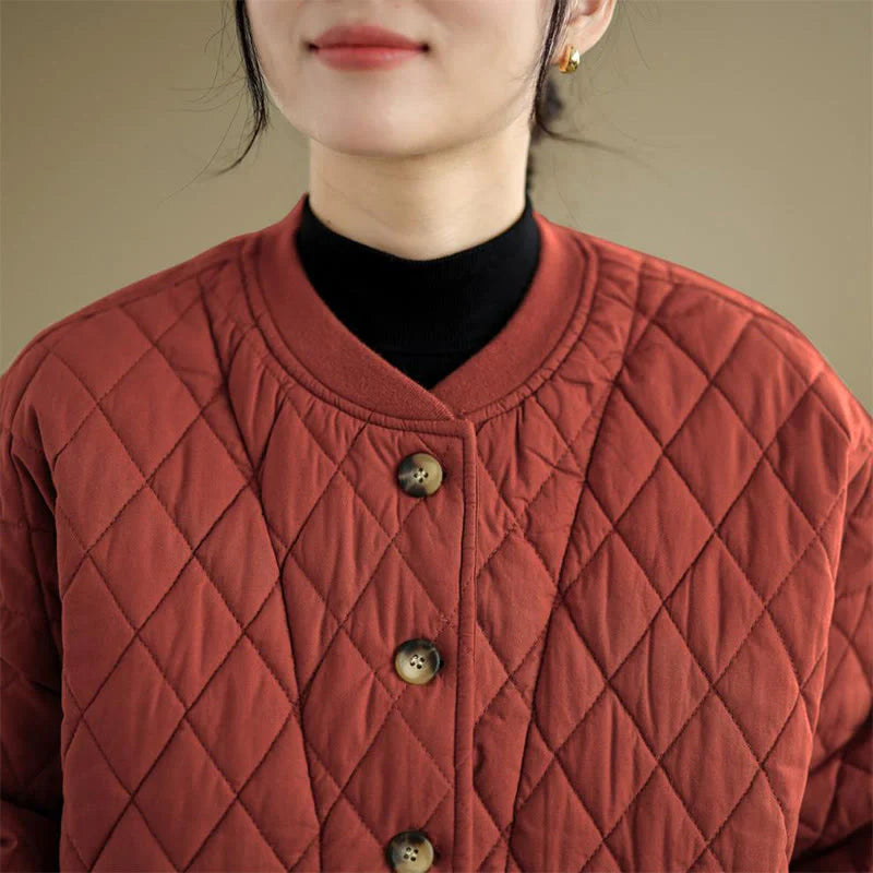 Buddha Stones Diamond Grid Pattern Women's Long Sleeve Cotton Thickened Jacket With Pockets