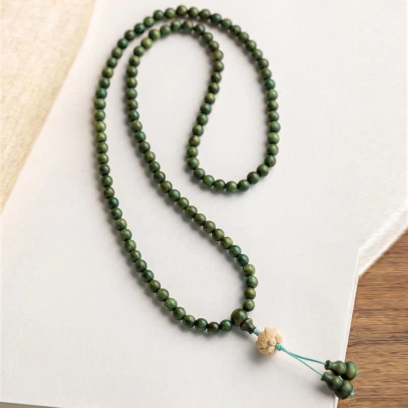 Buddha Stones 108 Mala Beads Green Sandalwood Boxwood Lotus Positive Bracelet (Extra 35% Off | USE CODE: FS35)
