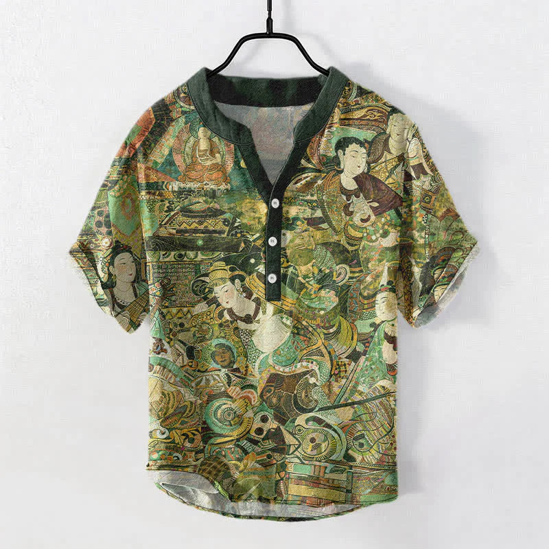 Buddha Stones Cotton Portrait Print Men's Short Sleeve Half Button Shirt