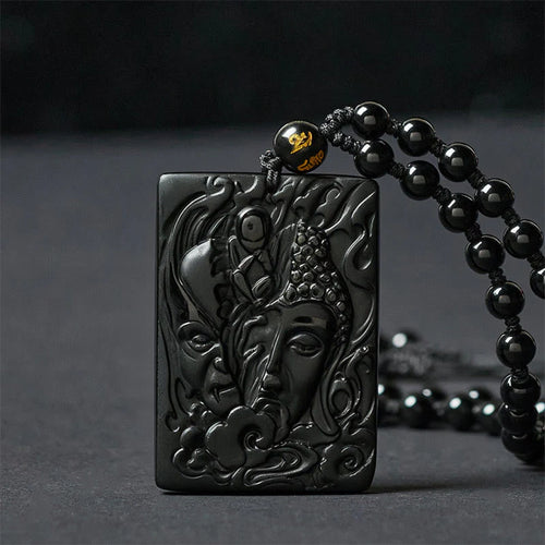 Buddha Stones Half Demon Half Buddha Relief Design Black Obsidian Strength Necklace Pendant