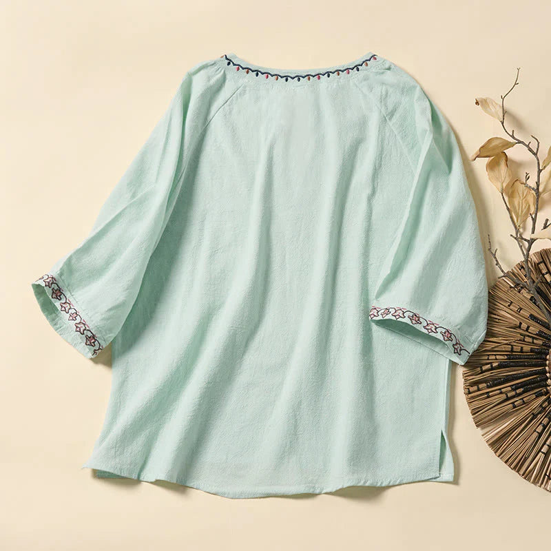 Buddha Stones Summer V-Neck Embroidery Lines Lace-up Cotton Women's Half Sleeve Shirt