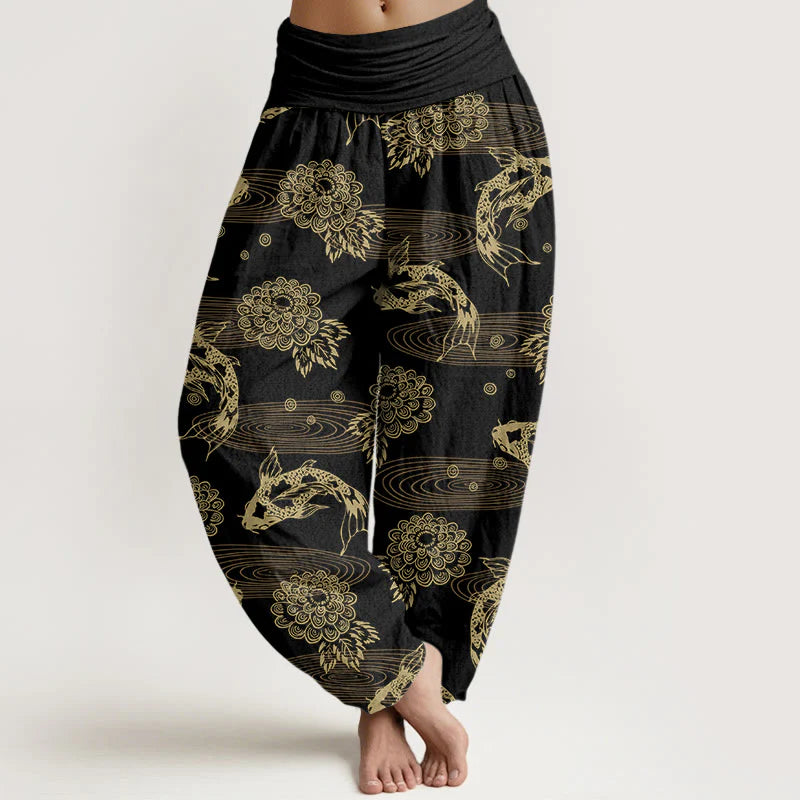 Buddha Stones Cotton Exquisite Koi Fish Flowers Leaves Curve Pattern Women's Elastic Waist Harem Pants