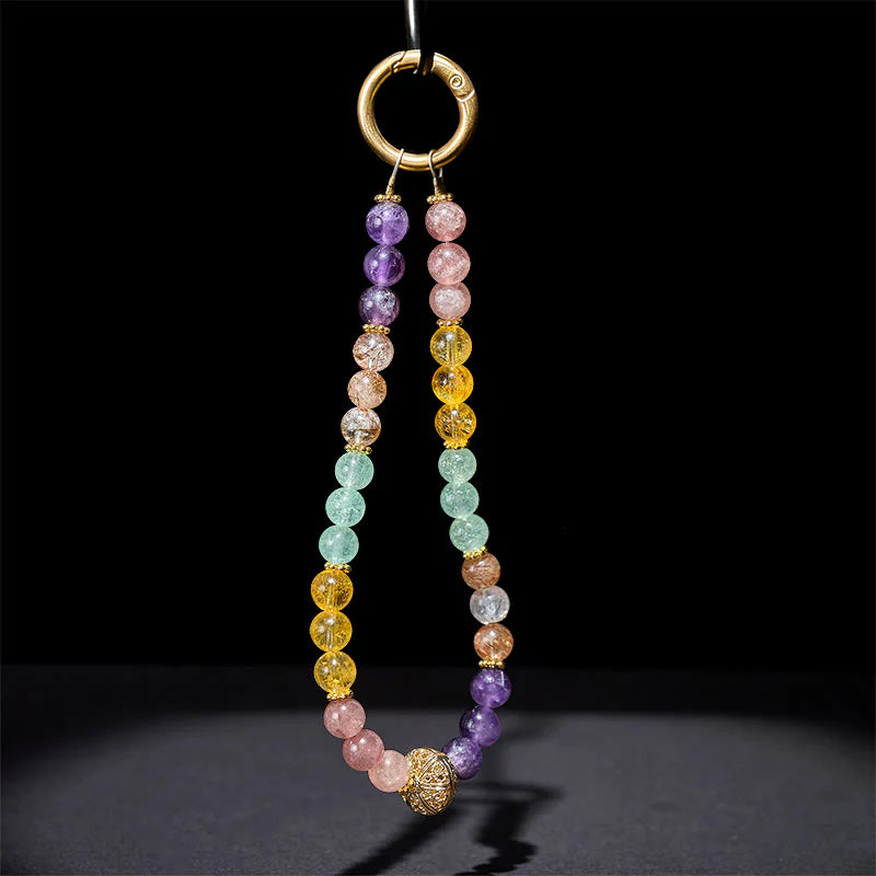 Buddha Stones 8mm Multicolored Amethyst Strawberry Quartz Balance Key Chain Phone Hanging Decoration