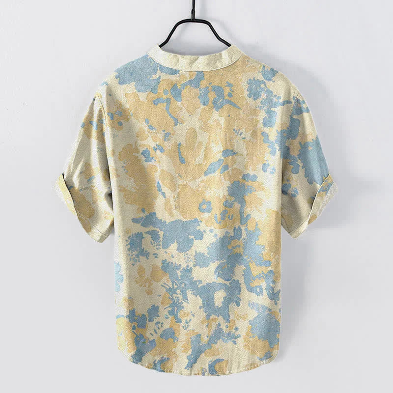 Buddha Stones Cotton Watercolor Floral Henley Men's Short Sleeve Half Button Shirt