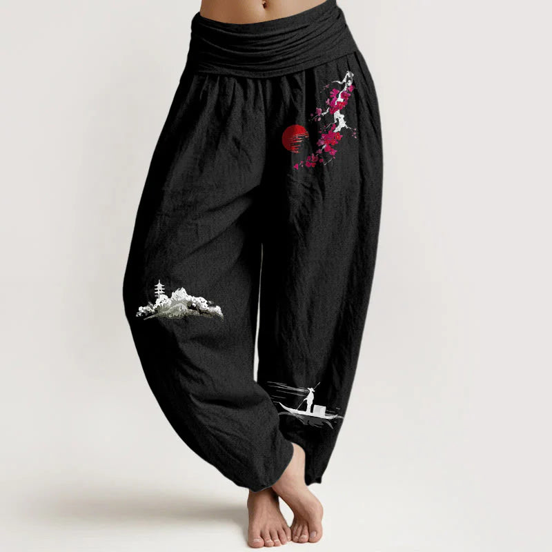 Buddha Stones Plum Blossoms Mountain Fisherman Pattern Pure Cotton Women's Elastic Waist Harem Pants
