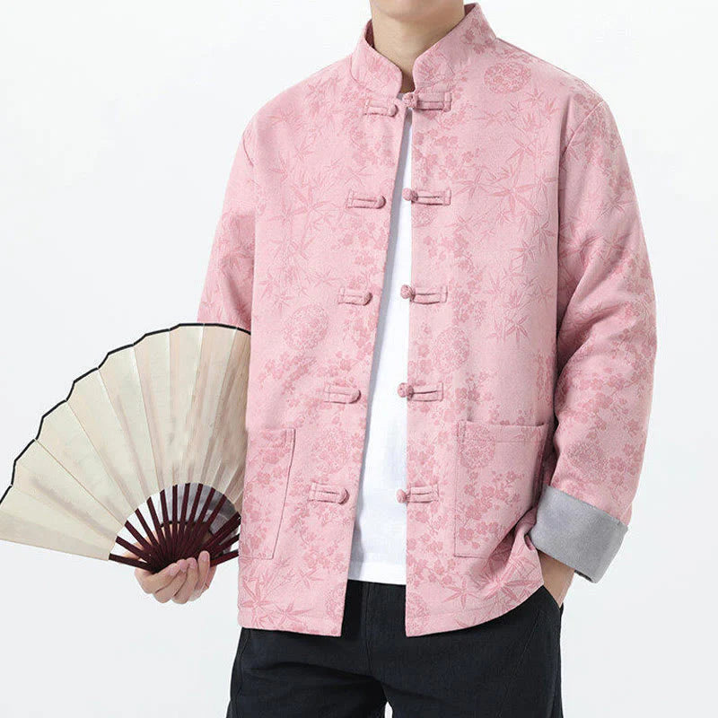 Buddha Stones Fall Jacquard Bamboo Frog-button Long Sleeve Men's Cotton Jacket With Pockets