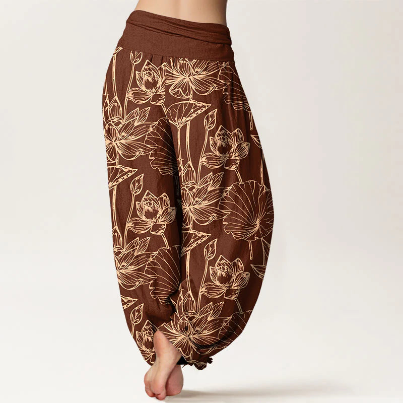 Buddha Stones Cotton Elegant Refined Lotus Flower Leaf Pattern Women's Elastic Waist Harem Pants