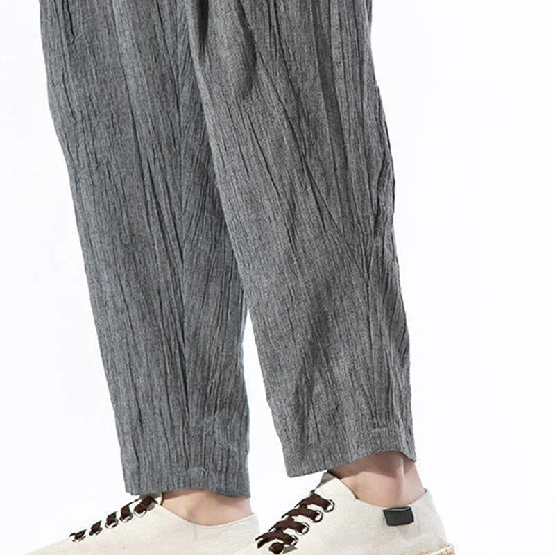 Buddha Stones Casual Plain Pleated Design Drawstring Men's Long Cotton Linen Harem Pants With Pockets